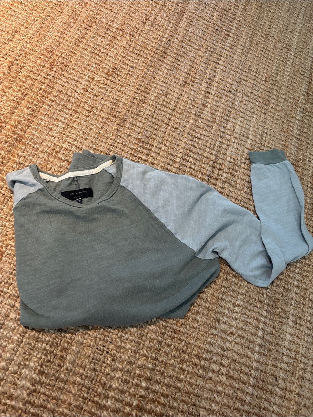Rag & Bone Two-Tone Raglan Sweatshirt in Sage Green and Light Blue